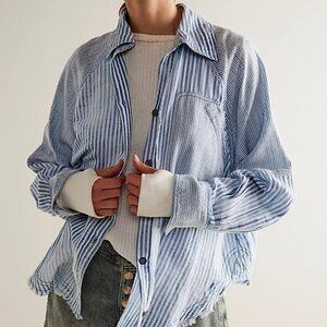 Free People Indigo Skies Stripe Oversize Button-Up Shirt - Indigo Large